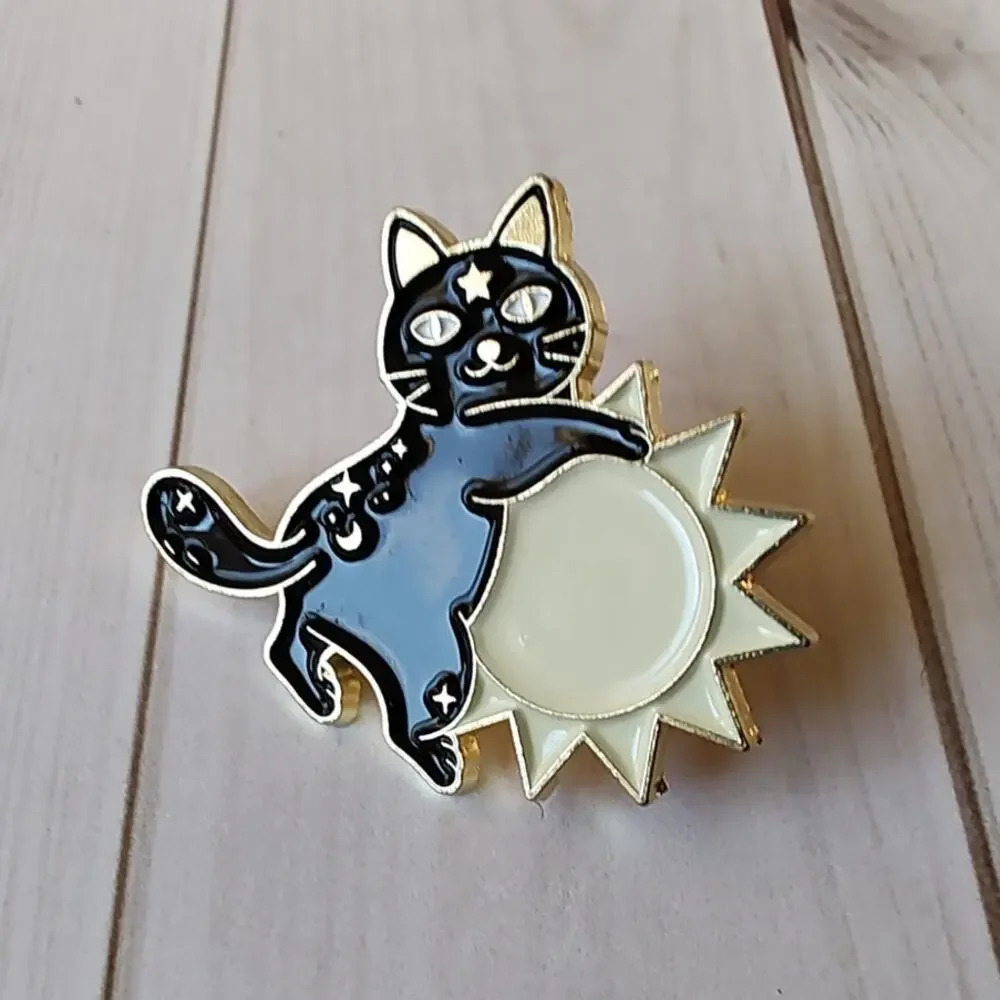 Black Cat & Sun Pin Gothic Witchy Halloween Occult Cat Lapel Pin